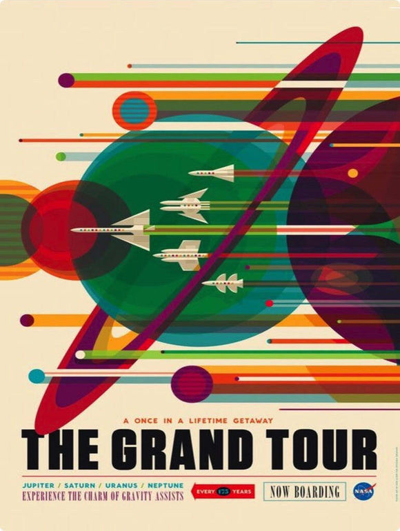 The Grand Tour jigsaw puzzle features a vibrant and retro-inspired design showcasing colorful planets and rockets, evoking a sense of adventure and space exploration. The artwork includes celestial elements representing Jupiter, Saturn, Uranus, and Neptune, surrounded by dynamic lines and circles, creating a visually appealing piece ideal for puzzle enthusiasts and space lovers alike.
