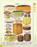 Jigsaw puzzle titled 'Cheese' featuring various types of cheese illustrated, including round wheels, blocks, and slices. Each cheese is labeled with its name. The artwork displays a colorful array of cheese products laid out on a light background, designed for puzzle enthusiasts and cheese lovers alike.
