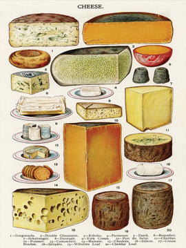A colorful jigsaw puzzle featuring various types of cheese, including Gorgonzola, Double Gloucester, and Parmesan. The illustration showcases different cheese shapes and styles, arranged aesthetically on plates, providing a visual feast for cheese lovers.