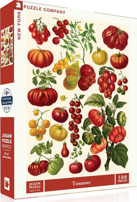 New York Puzzle Company's jigsaw puzzle titled 'Tomatoes', featuring a vibrant assortment of tomato varieties and green leaves. The packaging showcases a colorful vintage design with various shapes and sizes of tomatoes, emphasizing the puzzle's botanical theme. This 500-piece puzzle is ideal for both puzzle enthusiasts and botanical art lovers, encouraging relaxation and creativity.