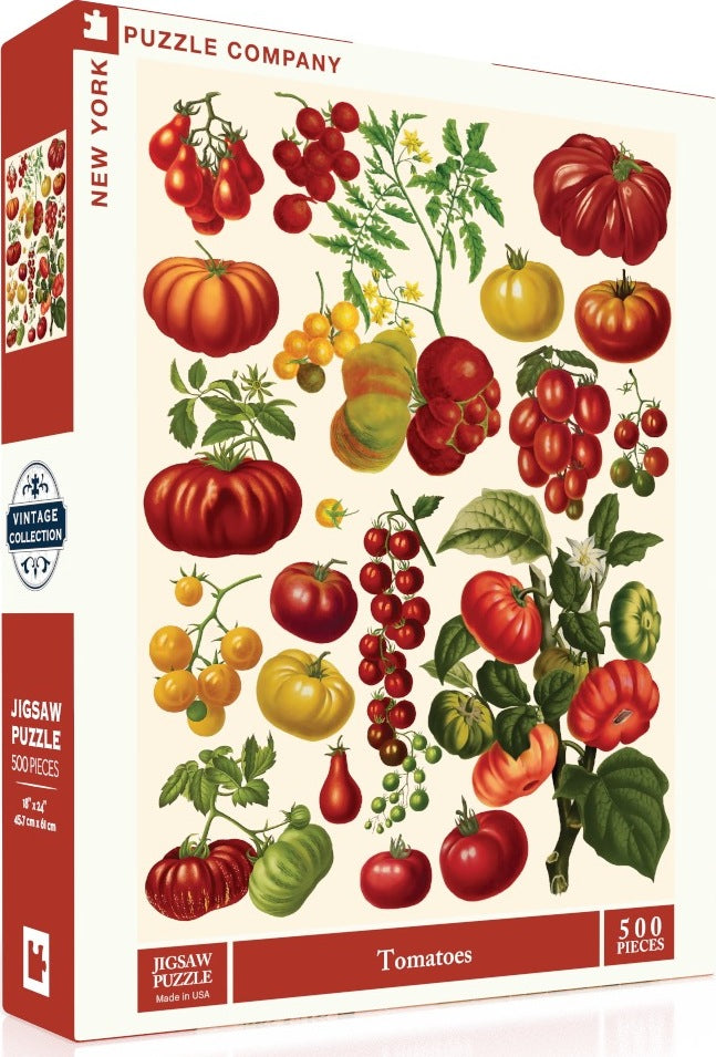 New York Puzzle Company's jigsaw puzzle titled 'Tomatoes', featuring a vibrant assortment of tomato varieties and green leaves. The packaging showcases a colorful vintage design with various shapes and sizes of tomatoes, emphasizing the puzzle's botanical theme. This 500-piece puzzle is ideal for both puzzle enthusiasts and botanical art lovers, encouraging relaxation and creativity.