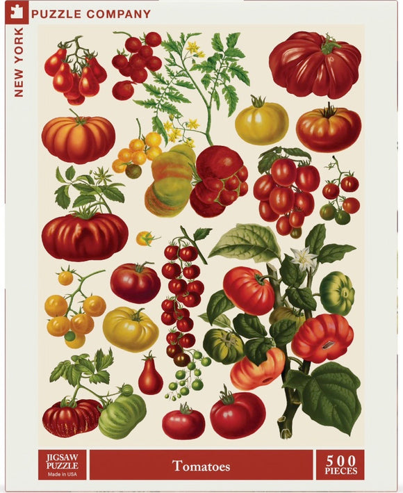 A vibrant jigsaw puzzle featuring an assortment of illustrated tomatoes in different shapes, sizes, and colors on a cream background. The puzzle contains 500 pieces and is produced by New York Puzzle Company.