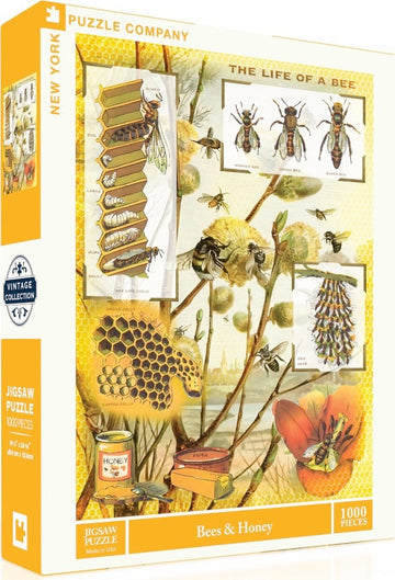 Vintage 1000-piece jigsaw puzzle titled 'Bees & Honey' by New York Puzzle Company. The box features artistic illustrations of honeycombs, bees, and the life cycle of a bee, set against a backdrop of floral elements. Perfect for puzzle enthusiasts and nature lovers.