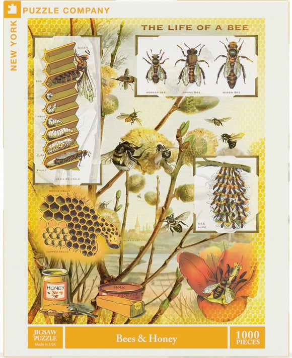 A 1000-piece jigsaw puzzle titled 'Bees & Honey' by New York Puzzle Company. The design features beautifully illustrated bees, honeycombs, and the life cycle of bees, set against a nature backdrop. The intricate graphics showcase various types of bees and honey production elements, providing an engaging and educational puzzle experience.