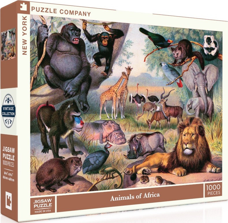 The Animals of Africa jigsaw puzzle by New York Puzzle Company features a vibrant illustration of various African wildlife, including a lion, gorillas, giraffes, elephants, and other animals, arranged in a playful scene. The packaging showcases the puzzle design, promoting this 1000-piece vintage collection that invites puzzle enthusiasts to explore the beauty of African fauna.