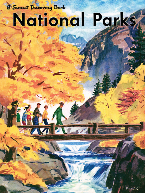 A vibrant illustration of a group of people hiking through a colorful forest with yellow and orange foliage, showcasing the beauty of national parks. A wooden bridge crosses a flowing river in the foreground.