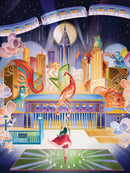 Midtown Magic Puzzle (1000pc) by New York Puzzle Company featuring an artistic representation of a vibrant cityscape with whimsical creatures, colorful buildings, and a nighttime sky. The puzzle showcases a woman in a flowing red dress walking towards a subway entrance, surrounded by enchanting illustrations, including a lion and a peacock.