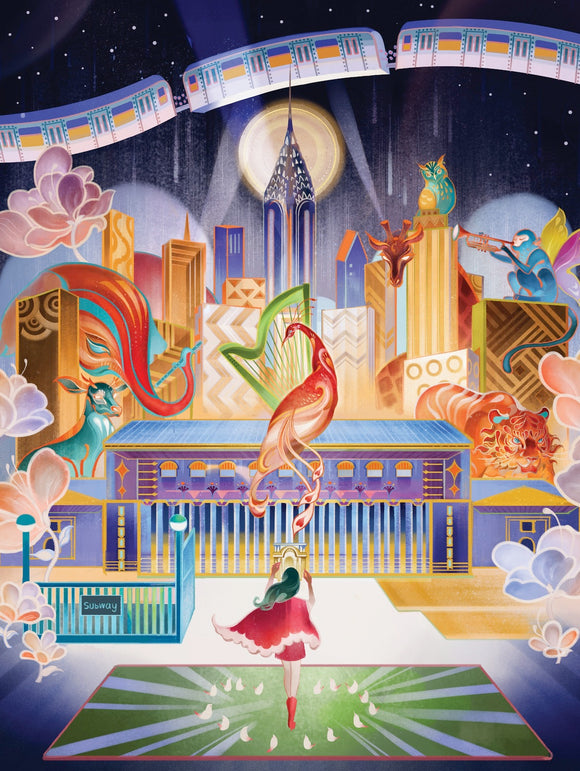 Midtown Magic Puzzle (1000pc) by New York Puzzle Company featuring an artistic representation of a vibrant cityscape with whimsical creatures, colorful buildings, and a nighttime sky. The puzzle showcases a woman in a flowing red dress walking towards a subway entrance, surrounded by enchanting illustrations, including a lion and a peacock.
