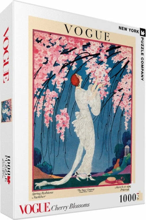 Cherry Blossoms jigsaw puzzle by New York Puzzle Company featuring a vibrant illustration from Vogue magazine, depicting a lady in elegant attire surrounded by blooming cherry trees. The puzzle contains 1000 pieces, ideal for puzzle enthusiasts and art lovers alike.