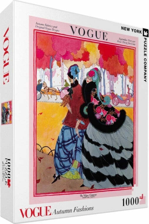 A colorful jigsaw puzzle titled 'Autumn Fashions' by New York Puzzle Company. The image features elegantly dressed women in vibrant autumn scenery, showcasing classic Vogue designs. It's a 1000-piece puzzle that captures the essence of fall fashion.