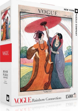 Rainbow Connection jigsaw puzzle featuring a vintage Vogue illustration of two fashionable women in elegant dresses and umbrellas against a colorful rainbow backdrop. This high-quality 1500-piece puzzle provides an engaging challenge for puzzle enthusiasts.