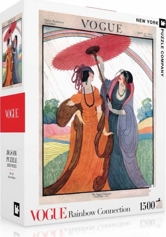 Rainbow Connection jigsaw puzzle featuring a vintage Vogue illustration of two fashionable women in elegant dresses and umbrellas against a colorful rainbow backdrop. This high-quality 1500-piece puzzle provides an engaging challenge for puzzle enthusiasts.