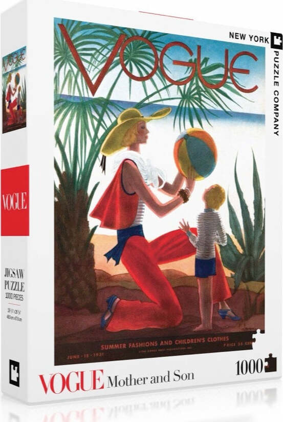 A vibrant jigsaw puzzle box featuring a classic Vogue magazine cover titled 'Mother and Son'. The illustration depicts a fashionable mother on the beach with her son, playing with a beach ball. The background is filled with lush tropical plants and a serene ocean view, showcasing summer fashion from the 1920s. The box contains 1000 pieces.