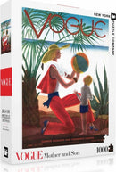 A vibrant jigsaw puzzle box featuring a classic Vogue magazine cover titled 'Mother and Son'. The illustration depicts a fashionable mother on the beach with her son, playing with a beach ball. The background is filled with lush tropical plants and a serene ocean view, showcasing summer fashion from the 1920s. The box contains 1000 pieces.
