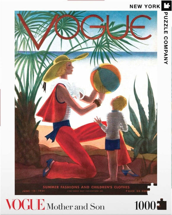 A vibrant jigsaw puzzle featuring a vintage Vogue magazine cover depicting a mother in a wide-brimmed hat playing with her son, set against a tropical backdrop with palm leaves and a beach scene. The artwork emphasizes summer fashions and children's clothing from the 1930s, making it an appealing collectible for puzzle enthusiasts and fashion lovers alike.