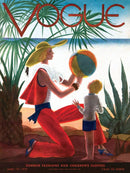 A jigsaw puzzle featuring a vintage Vogue magazine cover from June 1931. The illustration shows a stylish mother wearing a wide-brimmed hat and a red outfit, kneeling on the beach while playing with her young son, who wears a striped shirt. Background features palm leaves and the sea, evoking a nostalgic summer vibe.