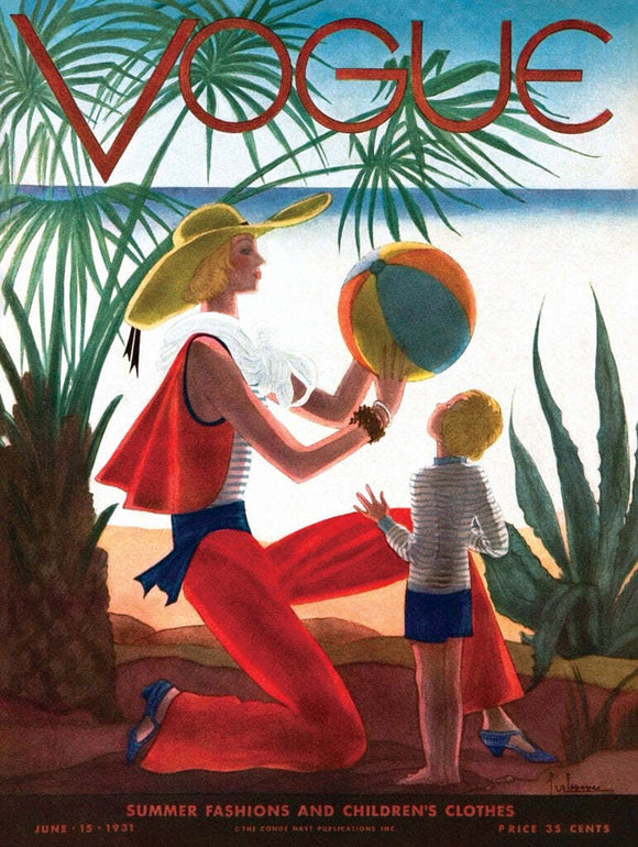 A jigsaw puzzle featuring a vintage Vogue magazine cover from June 1931. The illustration shows a stylish mother wearing a wide-brimmed hat and a red outfit, kneeling on the beach while playing with her young son, who wears a striped shirt. Background features palm leaves and the sea, evoking a nostalgic summer vibe.