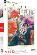 A colorful jigsaw puzzle titled 'Painted Parasols' by New York Puzzle Company featuring a vintage Vogue magazine cover illustration from March 15, 1924. The art depicts elegantly dressed women holding vibrant parasols while shopping in spring, showcasing intricate details and vivid colors. The puzzle contains 1000 pieces and measures 19 x 27 inches when completed.