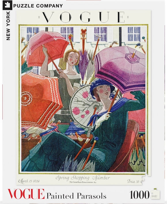 A picturesque jigsaw puzzle titled 'Painted Parasols' by New York Puzzle Company, featuring a vintage Vogue cover illustration from March 15, 1924. The artwork depicts elegantly dressed women holding colorful, decorated parasols in a vibrant spring scene, showcasing intricate details and a nostalgic charm. Perfect for puzzle enthusiasts and art lovers alike.