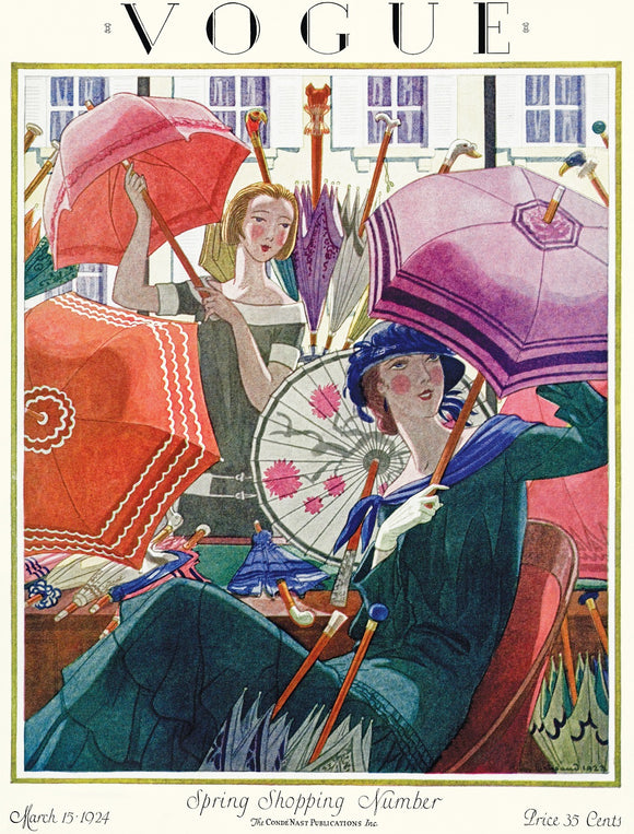A beautifully illustrated jigsaw puzzle featuring a vintage Vogue magazine cover from March 15, 1924. The artwork showcases elegantly dressed women holding colorful parasols, set against a charming backdrop. This puzzle combines fashion history and art, offering a delightful challenge for puzzle enthusiasts and vintage art lovers.