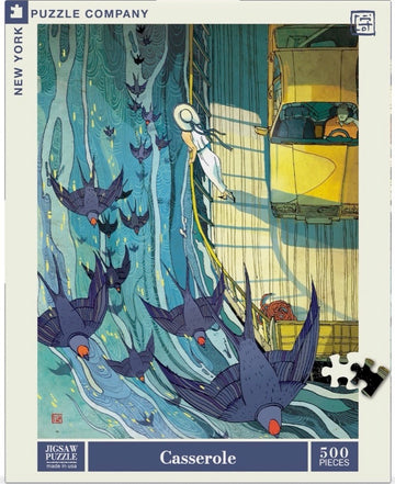 A 500-piece jigsaw puzzle titled 'Casserole' by New York Puzzle Company. The artwork features a whimsical scene of a woman in white holding a rope while a yellow car drives by. Swirling blue waters and flying birds create a dynamic and colorful backdrop, appealing to puzzle enthusiasts of all ages.