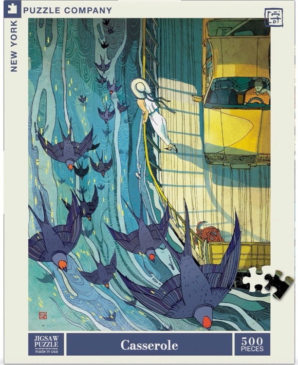A 500-piece jigsaw puzzle titled 'Casserole' by New York Puzzle Company. The artwork features a whimsical scene of a woman in white holding a rope while a yellow car drives by. Swirling blue waters and flying birds create a dynamic and colorful backdrop, appealing to puzzle enthusiasts of all ages.
