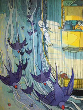 An artistic jigsaw puzzle featuring a surreal scene with a yellow car driving along a bridge. Below, an ethereal figure descends a ladder while birds with vibrant plumage fly through swirling blue waters. The intricate design and vivid colors create an engaging visual experience.