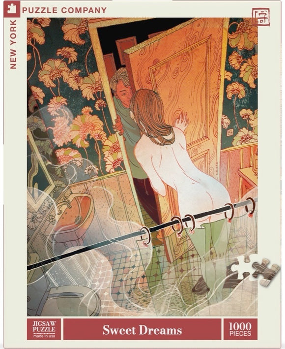 A captivating 1000-piece jigsaw puzzle titled 'Sweet Dreams' by New York Puzzle Company. The image features a stylized illustration of a figure with long hair standing in a bathroom, creating an intriguing atmosphere. The background includes floral patterns and vintage decor, enhancing the artistic feel of the puzzle. The packaging displays the brand name and puzzle size prominently.