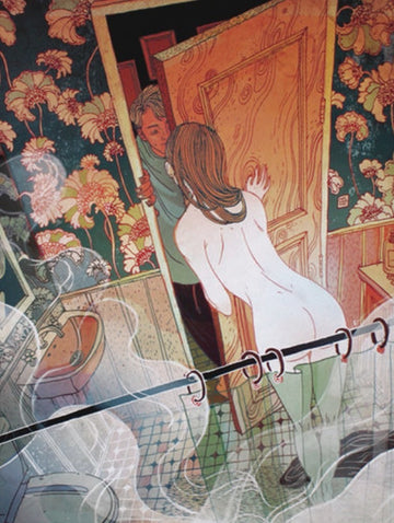Sweet Dreams jigsaw puzzle by New York Puzzle Company features an intricate illustration depicting a whimsical scene of a woman and man at a bathroom door. The background showcases floral wallpaper and steam, creating a dreamlike atmosphere. The puzzle pieces invite the puzzler to explore this imaginative artwork, perfect for relaxation and creativity.