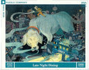 Late Night Dining jigsaw puzzle by New York Puzzle Company featuring a whimsical scene with a large dog surrounded by sushi restaurants in a vibrant cityscape, designed with intricate details and colors, composed of 1000 pieces.