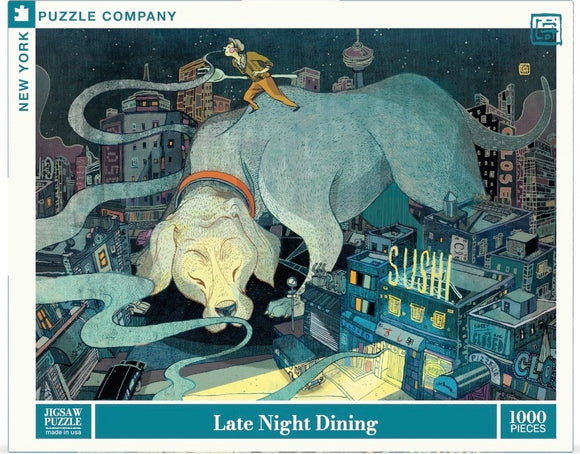 Late Night Dining jigsaw puzzle by New York Puzzle Company featuring a whimsical scene with a large dog surrounded by sushi restaurants in a vibrant cityscape, designed with intricate details and colors, composed of 1000 pieces.