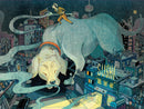 A whimsical jigsaw puzzle titled 'Late Night Dining' by New York Puzzle Company, featuring a cartoonish scene of a large dog in a city at night. The dog appears to be sniffing around while a person walks on its back, with various buildings in the background and neon signs, creating a fun and surreal dining atmosphere.