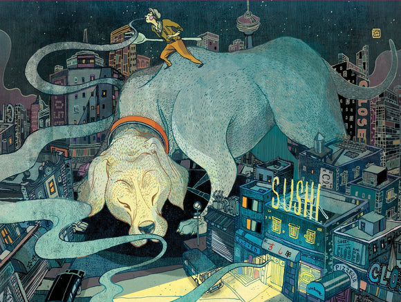 A whimsical jigsaw puzzle titled 'Late Night Dining' by New York Puzzle Company, featuring a cartoonish scene of a large dog in a city at night. The dog appears to be sniffing around while a person walks on its back, with various buildings in the background and neon signs, creating a fun and surreal dining atmosphere.