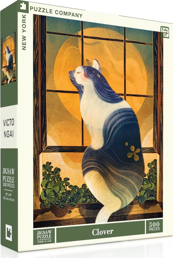 Clover jigsaw puzzle by New York Puzzle Company featuring an artistic illustration of a dog by a window, with greenery and a soft, colorful background. The puzzle consists of 500 pieces and measures 18 by 24 inches.