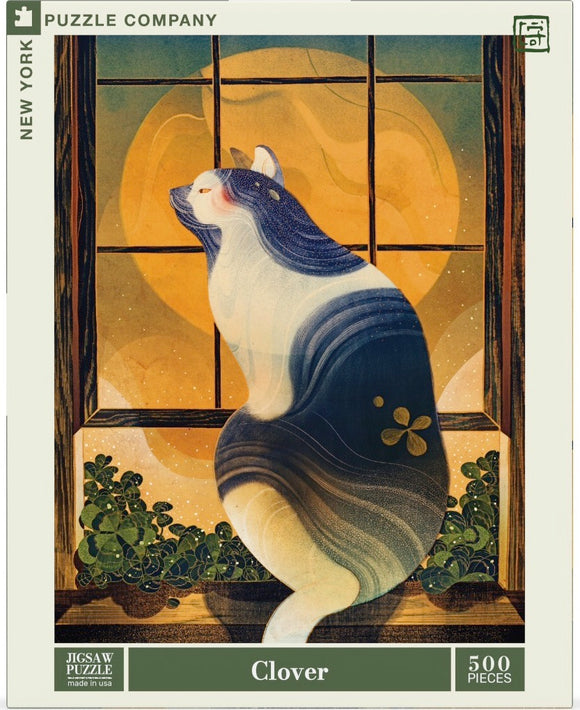 Clover jigsaw puzzle featuring an artistic illustration of a cat sitting gracefully by a window, bathed in warm light, surrounded by greenery. The puzzle consists of 500 pieces and showcases intricate details and vibrant colors.
