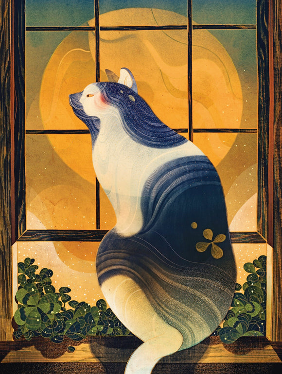 Clover jigsaw puzzle by New York Puzzle Company featuring an artistic illustration of a serene cat sitting by a window with a glowing moon in the background and lush green plants in the foreground. The colors evoke a calming atmosphere with blues, yellows, and greens.