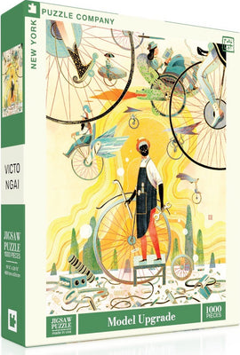 Model Upgrade jigsaw puzzle by New York Puzzle Company featuring a vibrant illustration of people on bicycles in a whimsical landscape. The puzzle consists of 1000 pieces, ideal for puzzle enthusiasts looking for a creative challenge.
