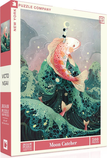 Moon Catcher jigsaw puzzle by New York Puzzle Company, featuring a whimsical illustration of a person reaching for a moon while standing atop a giant fish. The art includes vibrant colors and intricate details of swirling waves and fish, perfect for puzzle enthusiasts.