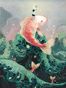 Colorful jigsaw puzzle titled 'Moon Catcher' by New York Puzzle Company, featuring a whimsical scene of a child riding a giant fish amidst waves, holding the moon. The artwork is vibrant with intricate details of the ocean and fish, reflecting a dreamy, magical atmosphere.