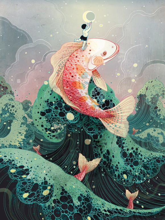 Colorful jigsaw puzzle titled 'Moon Catcher' by New York Puzzle Company, featuring a whimsical scene of a child riding a giant fish amidst waves, holding the moon. The artwork is vibrant with intricate details of the ocean and fish, reflecting a dreamy, magical atmosphere.