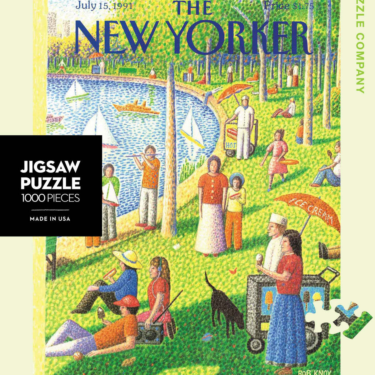 A vibrant jigsaw puzzle depicting a lively scene from Central Park. The artwork features colorful characters enjoying a summer day by the water, with boats, picnics, and greenery. Created by New York Puzzle Company, this 1000-piece puzzle brings to life the joy and energy of a bustling park scene.