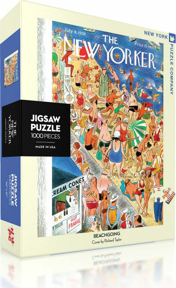 The Beachgoing jigsaw puzzle by New York Puzzle Company features a vibrant illustration from The New Yorker, depicting a lively beach scene filled with people enjoying the sun, colorful beach umbrellas, and a snack stand with ice cream cones. The puzzle includes 1000 pieces and showcases unique artwork by Richard Taylor.