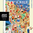 A vibrant and detailed jigsaw puzzle featuring a lively beach scene filled with sunbathers, swimmers, and beach activities. The illustration showcases various characters enjoying the sunny day, with colorful umbrellas, beach balls, and food stalls, encapsulating the essence of a summer outing.