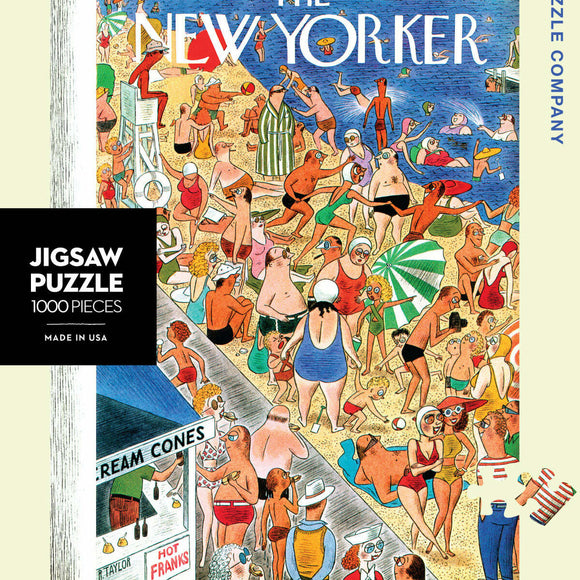 A vibrant and detailed jigsaw puzzle featuring a lively beach scene filled with sunbathers, swimmers, and beach activities. The illustration showcases various characters enjoying the sunny day, with colorful umbrellas, beach balls, and food stalls, encapsulating the essence of a summer outing.