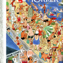 A vibrant illustration of a beach scene showcasing a diverse group of people enjoying a sunny day. The artwork features beachgoers engaging in various activities like swimming, sunbathing, playing with beach balls, and lounging under umbrellas. In the background, there are lifeguards, ice cream vendors, and colorful beach attire adding to the lively atmosphere.