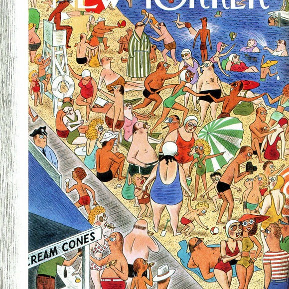 A vibrant illustration of a beach scene showcasing a diverse group of people enjoying a sunny day. The artwork features beachgoers engaging in various activities like swimming, sunbathing, playing with beach balls, and lounging under umbrellas. In the background, there are lifeguards, ice cream vendors, and colorful beach attire adding to the lively atmosphere.