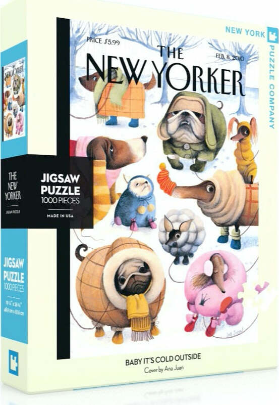 The 'Baby It's Cold Outside' jigsaw puzzle by New York Puzzle Company features a whimsical illustration of cartoon animals in cozy winter attire. The puzzle includes 1000 pieces and showcases an artistic cover by Ana Juan. The design portrays various cute animals like dogs and penguins dressed in colorful scarves and coats, set against a snowy background with trees, perfect for puzzle enthusiasts and lovers of winter themes.