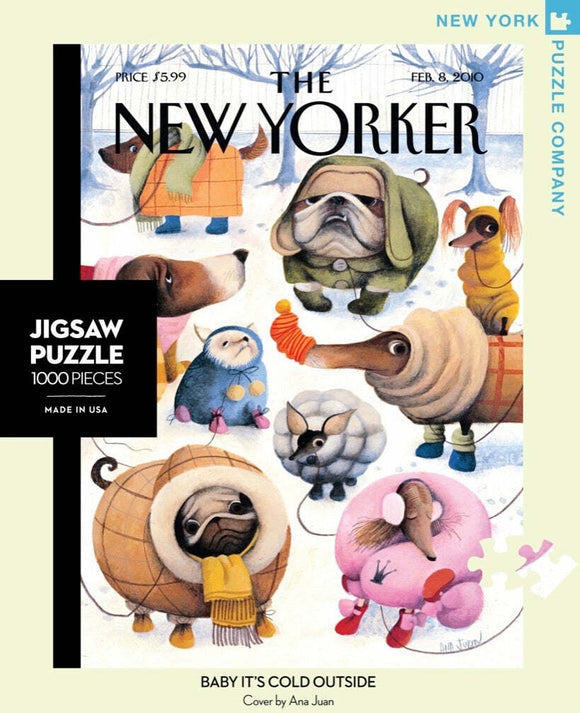 A vibrant jigsaw puzzle titled 'Baby It's Cold Outside' by New York Puzzle Company, featuring whimsical illustrations of dogs dressed in winter attire, playing in the snow. The puzzle contains 1000 pieces and showcases charming, colorful artwork by Ana Juan. The box has a sleek design and highlights the New Yorker logo.