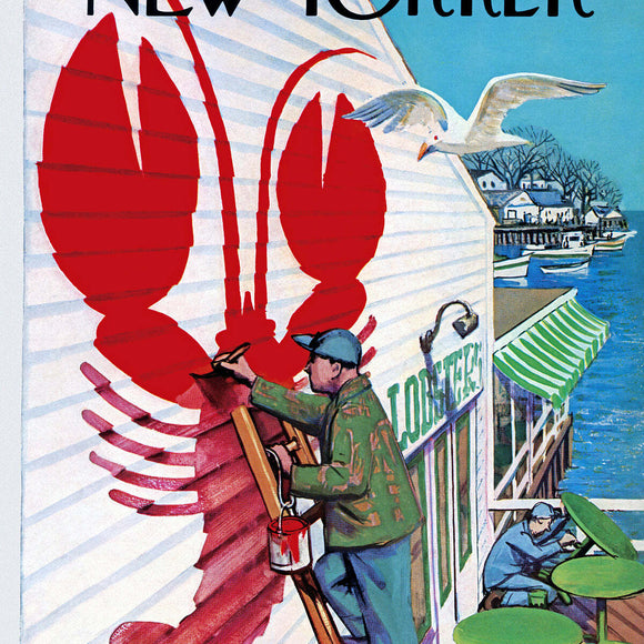 A colorful jigsaw puzzle featuring a seaside cafe scene. The illustration shows a man painting a large red lobster on the side of the cafe, while a seagull flies above. In the background, boats are docked by the shore, and another person is seated at a green table, enjoying the view. The vibrant colors and detail capture the essence of a cheerful coastal atmosphere.