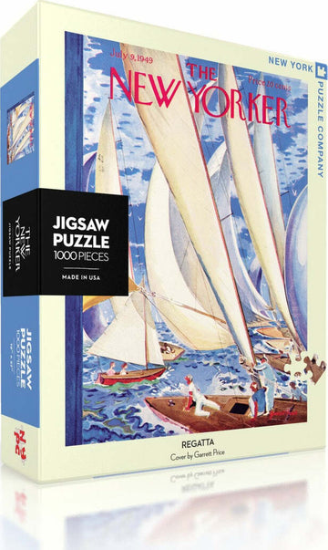 Regatta jigsaw puzzle featuring a vibrant cover image by Garrett Price, depicting sailboats on a sunny day on the water. The puzzle contains 1000 pieces and is made in the USA, perfect for puzzle enthusiasts and collectors.